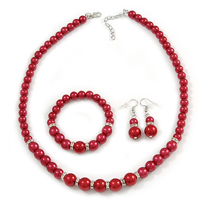 Red Glass Bead Necklace, Flex Bracelet & Drop Earrings With Crystal Ring Set In Silver Tone - 48cm L/ 6cm Ext