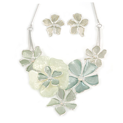 Pastel Green Flower Cluster V shape Necklace and Stud Earrings Set In Silver Tone - 42cm L/ 9cm Ext - Gift Boxed - main view
