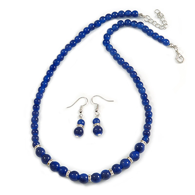 5mm, 7mm Royal Blue Ceramic/ Crystal Bead Necklace and Drop Earring Set In Silver Plating - 44cm L/ 5cm Ext - main view