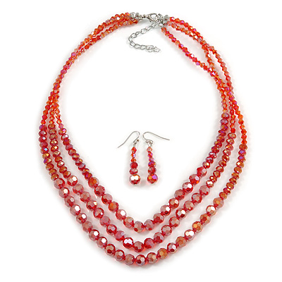 Brick Red Multistrand Faceted Glass Crystal Necklace & Drop Earrings Set In Silver Plating - 44cm Length/ 6cm Ext - main view