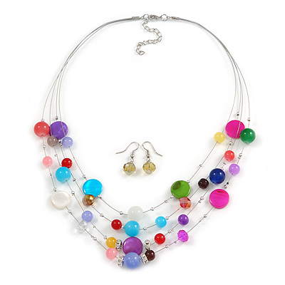 Multicoloured Shell & Crystal Floating Bead Necklace & Drop Earring Set - 52cm Length/ 5cm extension - main view