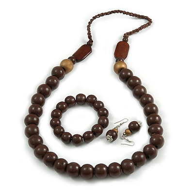Brown/ Bronze Long Wooden Bead Necklace, Flex Bracelet and Drop Earrings Set - 80cm Long - main view