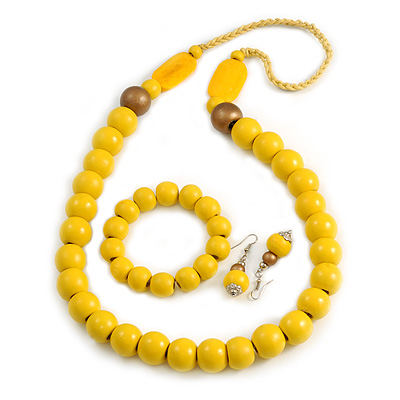 Banana Yellow/ Bronze Long Wooden Bead Necklace, Flex Bracelet and Drop Earrings Set - 80cm Long