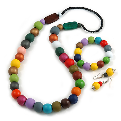 Multicoloured Long Wooden Bead Necklace, Flex Bracelet and Drop Earrings Set - 80cm Long - main view