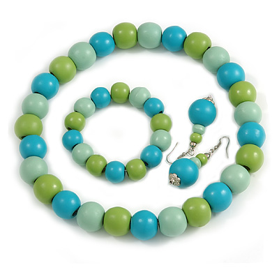 Pastel Mint/ Green/ Turquoise Wood Flex Necklace, Bracelet and Drop Earrings Set - 46cm L