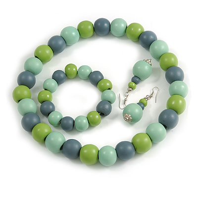 Pastel Mint/ Green/ Grey Wood Flex Necklace, Bracelet and Drop Earrings Set - 46cm L - main view