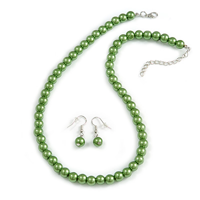 Pea Green Glass Bead Necklace & Drop Earring Set In Silver Metal - 38cm Length/ 4cm Extension - main view