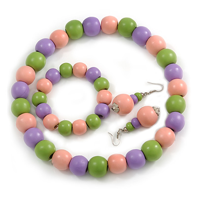 Pastel Pink/ Green/ Purple Wood Flex Necklace, Bracelet and Drop Earrings Set - 46cm L - main view