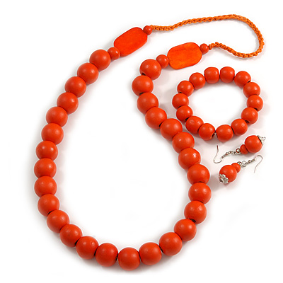Orange Long Wooden Bead Necklace, Flex Bracelet and Drop Earrings Set - 80cm Long