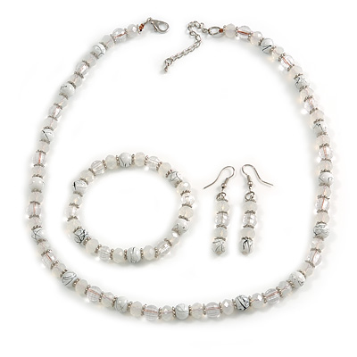 White/ Transparent Glass/ Ceramic Bead with Silver Tone Spacers Necklace/ Earrings/ Bracelet Set - 48cm L/ 7cm Ext