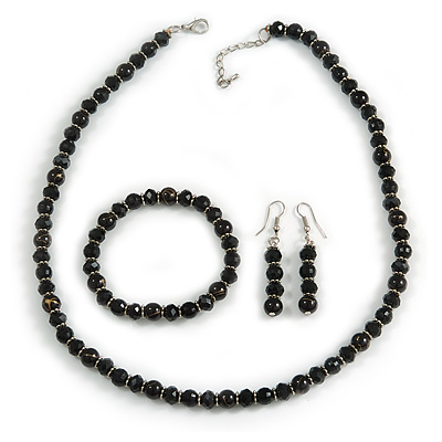 Black Glass/ Ceramic Bead with Silver Tone Spacers Necklace/ Earrings/ Bracelet Set - 48cm L/ 7cm Ext