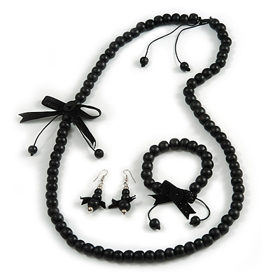 Black Wooden Bead with Bow Long Necklace, Bracelet and Drop Earrings Set - 80cm Long - main view
