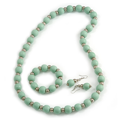 Mint Wood and Silver Acrylic Bead Necklace, Earrings, Bracelet Set - 70cm Long