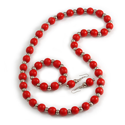 Red Wood and Silver Acrylic Bead Necklace, Earrings, Bracelet Set - 70cm Long - main view