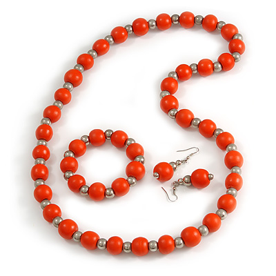 Orange Wood and Silver Acrylic Bead Necklace, Earrings, Bracelet Set - 70cm Long - main view