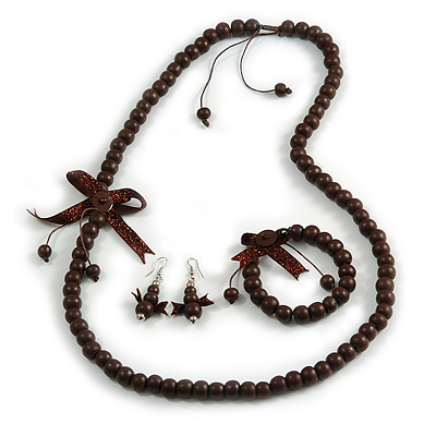 Brown Wooden Bead with Bow Long Necklace, Bracelet and Drop Earrings Set - 80cm Long