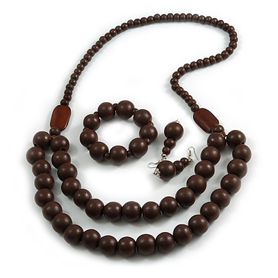 Chunky Brown Long Wooden Bead Necklace, Flex Bracelet and Drop Earrings Set - 90cm Long