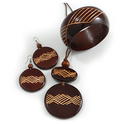 Long Brown Cord Wooden Pendant with Geometric Motif, Drop Earrings and Bangle Set in Brown - 76cm L/ Medium Size Bangle - main view
