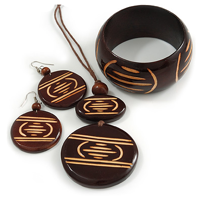 Long Brown Cord Wooden Pendant with Geometric Motif, Drop Earrings and  Bangle Set in Brown - 76cm L/ Medium Size Bangle