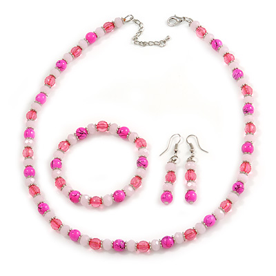 Deep Pink/ Pastel Pink Glass/ Ceramic Bead with Silver Tone Spacers Necklace/ Earrings/ Bracelet Set - 48cm L/ 7cm Ext - main view