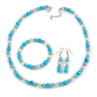 Light Blue/ Transparent Glass/ Ceramic Bead with Silver Tone Spacers Necklace/ Earrings/ Bracelet Set - 48cm L/ 7cm Ext - main view