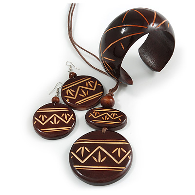 Long Brown Cord Wooden Pendant with Geometric Motif, Drop Earrings and Cuff Bangle Set in Brown - 76cm L/ Medium Size Bangle