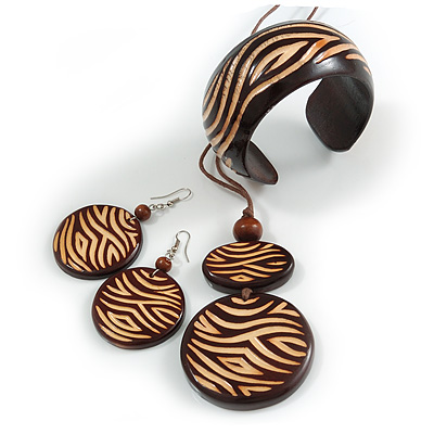 Long Brown Cord Wooden Pendant with Wavy Pattern, Drop Earrings and Cuff Bangle Set in Brown - 76cm L/ Medium Size Bangle