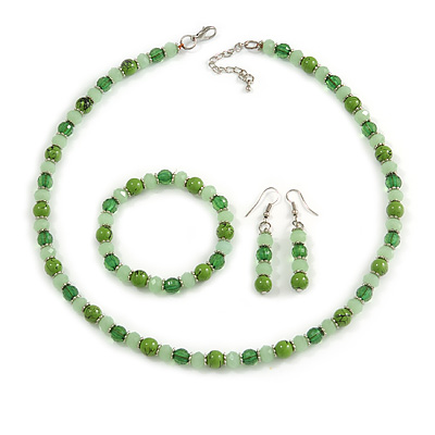 Grass Green/ Pea Green Glass/ Ceramic Bead with Silver Tone Spacers Necklace/ Earrings/ Bracelet Set - 48cm L/ 7cm Ext - main view
