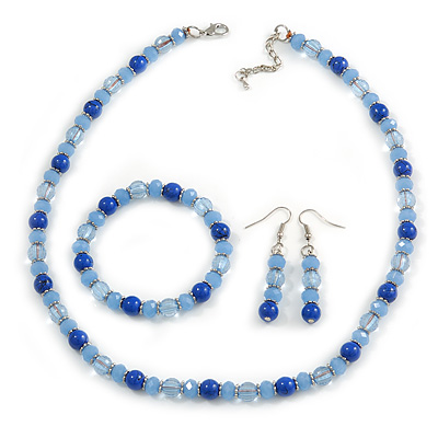 Blue/ Light Blue Glass/ Ceramic Bead with Silver Tone Spacers Necklace/ Earrings/ Bracelet/ Set - 48cm L/ 7cm Ext