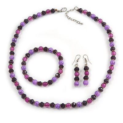 Deep Purple/ Lilac/ Violet Glass/ Ceramic Bead with Silver Tone Spacers Necklace/ Earrings/ Bracelet Set - 48cm L/ 7cm Ext - main view