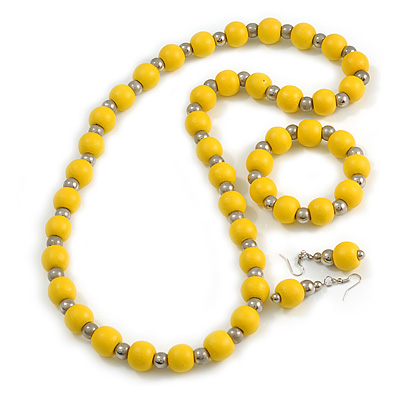 Yellow Wood and Silver Acrylic Bead Necklace, Earrings, Bracelet Set - 70cm Long