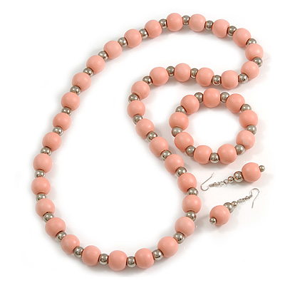 Light Pink  Wood and Silver Acrylic Bead Necklace, Earrings, Bracelet Set - 70cm Long - main view