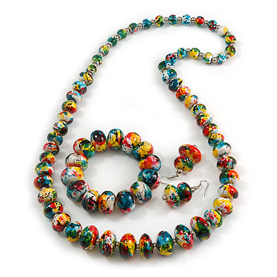 Multicoloured Wooden Bead Long Necklace, Drop Earrings, Flex Bracelet Set - 80cm Long - main view