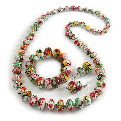 Multicoloured Wooden Bead Long Necklace, Drop Earrings, Flex Bracelet Set - 80cm Long - main view