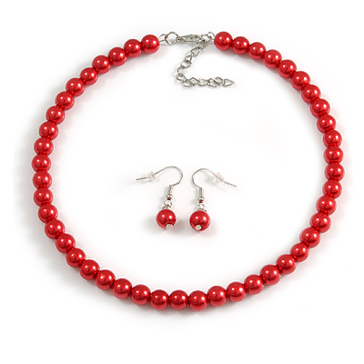 8mm Red Glass Bead Choker Necklace & Drop Earrings Set - 37cm L/ 5cm Ext
