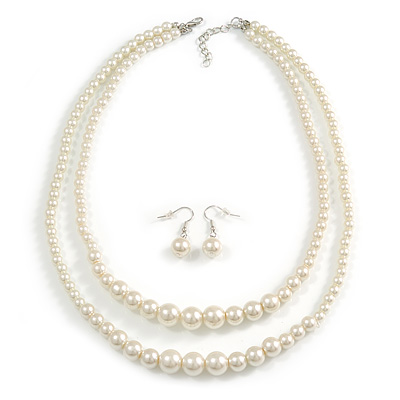 2 Strand Layered Light Cream Graduated Glass Bead Necklace and Drop Earrings Set - 50cm L/ 4cm Ext - main view