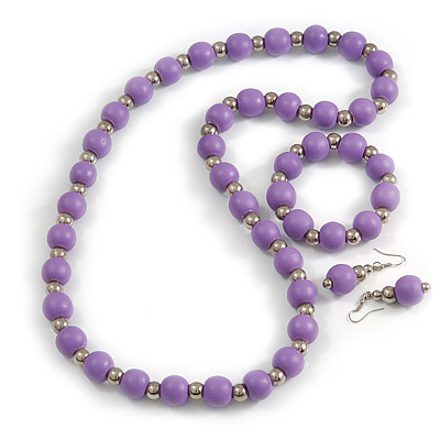 Lilac Wood and Silver Acrylic Bead Necklace, Earrings, Bracelet Set - 70cm Long