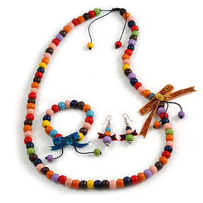 Multicoloured Wooden Bead with Bow Long Necklace, Bracelet and Drop Earrings Set - 80cm Long - main view