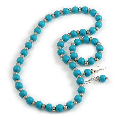 Turquoise Blue Wood and Silver Acrylic Bead Necklace, Earrings, Bracelet Set - 70cm Long - main view