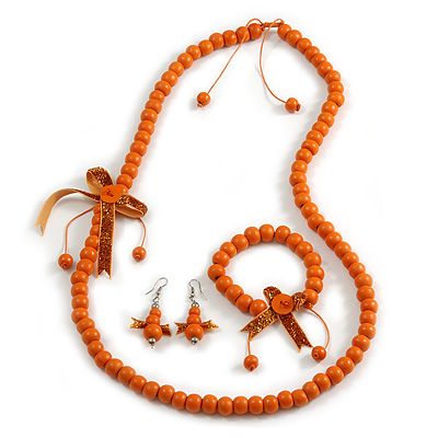 Orange Wooden Bead with Bow Long Necklace, Bracelet and Drop Earrings - 80cm Long - main view