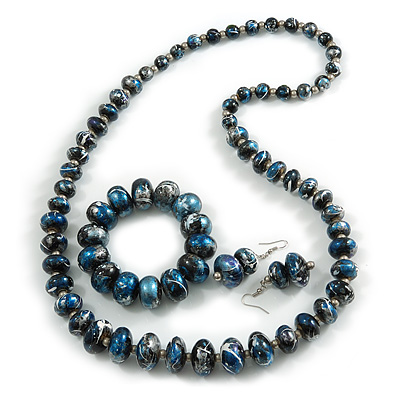 Blue/ Black/ White/ Silver Wooden Bead Long Necklace, Drop Earrings, Flex Bracelet Set - 80cm Long
