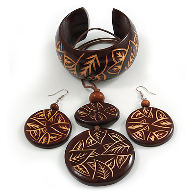 Long Brown Cord Wooden Pendant with Leaf Motif, Drop Earrings and Cuff Bangle Set in Brown - 76cm L/ Medium Size Bangle - main view