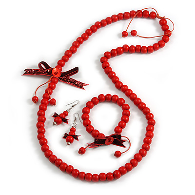 Red Wooden Bead with Bow Long Necklace, Bracelet and Drop Earrings - 80cm Long - main view