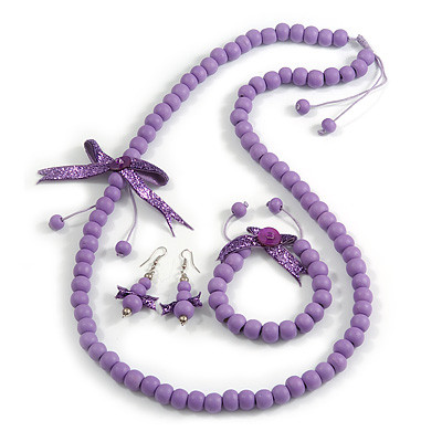 Lilac Wooden Bead with Bow Long Necklace, Bracelet and Drop Earrings - 80cm Long - main view