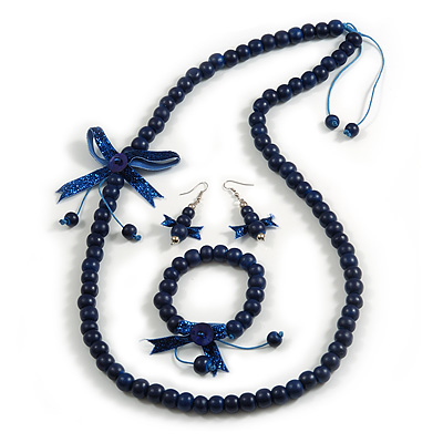 Dark Blue Wooden Bead with Bow Long Necklace, Bracelet and Drop Earrings - 80cm Long