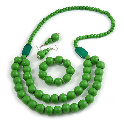 Chunky Green Long Wooden Bead Necklace, Flex Bracelet and Drop Earrings Set - 90cm Long - main view