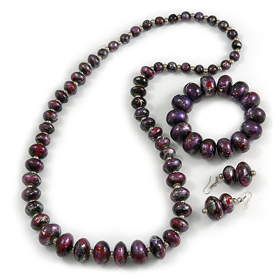 Purple/ Black/ Red/ Silver Wooden Bead Long Necklace, Drop Earrings, Flex Bracelet Set - 80cm Long - main view
