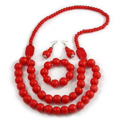 Chunky Red Long Wooden Bead Necklace, Flex Bracelet and Drop Earrings Set - 90cm Long - main view