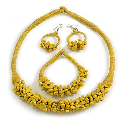 Ethnic Handmade Semiprecious Stone with Cotton Cord Necklace, Bracelet and Hoop Earrings Set In Yellow - 56cm L - main view