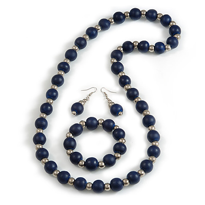 Dark Blue Wood and Silver Acrylic Bead Necklace, Earrings, Bracelet Set - 70cm Long